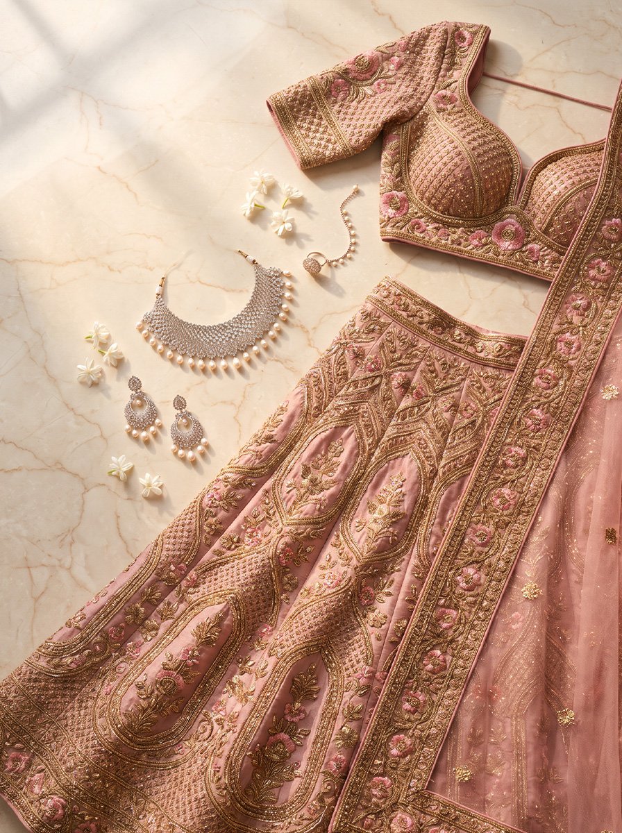Pink and gold embroidered bridal attire arranged with pearl jewellery and white flowers